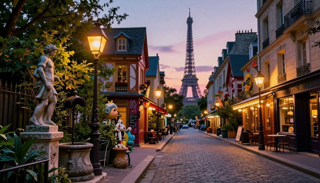 A vibrant street scene in Paris showcasing offbeat historical oddities. In the foreground, a whimsical collection of quirky statues and unusual architecture, such as a phallic monument and an ancient well, surrounded by lush greenery. In the middle ground, a narrow cobblestone street lined with charming, eccentric cafes adorned with eclectic decor. Vintage street lamps cast a warm, golden glow, enhancing the playful atmosphere. In the background, the iconic silhouette of the Eiffel Tower peeks through, framed by a twilight sky filled with soft, pastel hues. Capture this in raw photograph style, with cinematic lighting and highly detailed textures, creating a rich, inviting ambiance in 8k resolution. Ensure the entire scene conveys an engaging sense of discovery and curiosity, drawing viewers into the unusual charm of Paris.