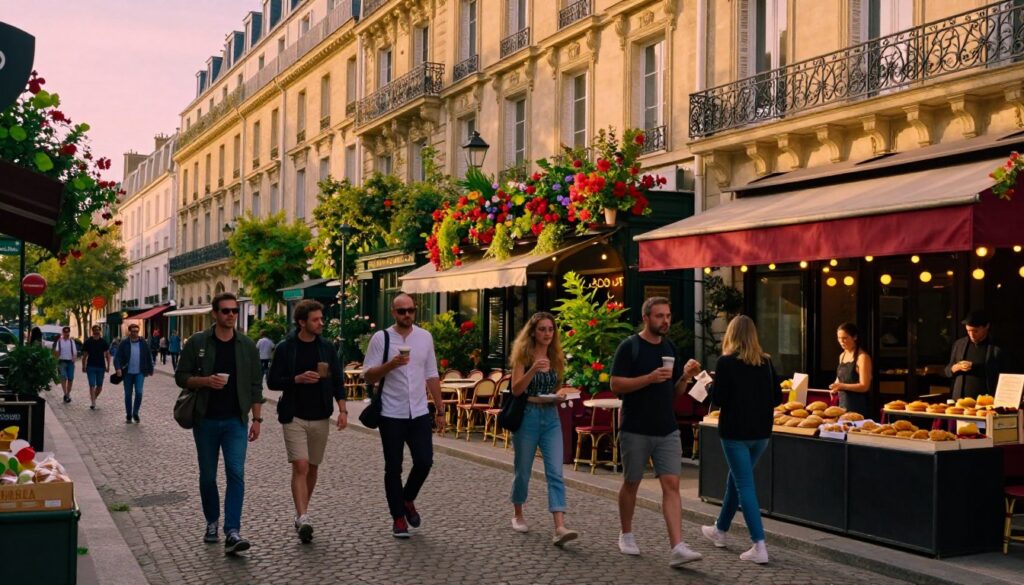A vibrant street scene in a picturesque Paris neighborhood during golden hour, showcasing people exploring on foot. In the foreground, diverse individuals in stylish, casual clothing savoring artisanal food from local vendors, with delicious pastries and fresh produce on display. The middle ground features charming cafés with outdoor seating, surrounded by lush greenery and colorful flower boxes. In the background, iconic Parisian architecture, such as wrought-iron balconies and warm stone facades, under a soft pastel sky. Capture the atmosphere of joy and discovery, with warm, cinematic lighting emphasizing the textures of the cobblestone streets and food. The composition should evoke a sense of movement and the allure of wandering through the enchanting streets of Paris, shot in 8k resolution for stunning detail.