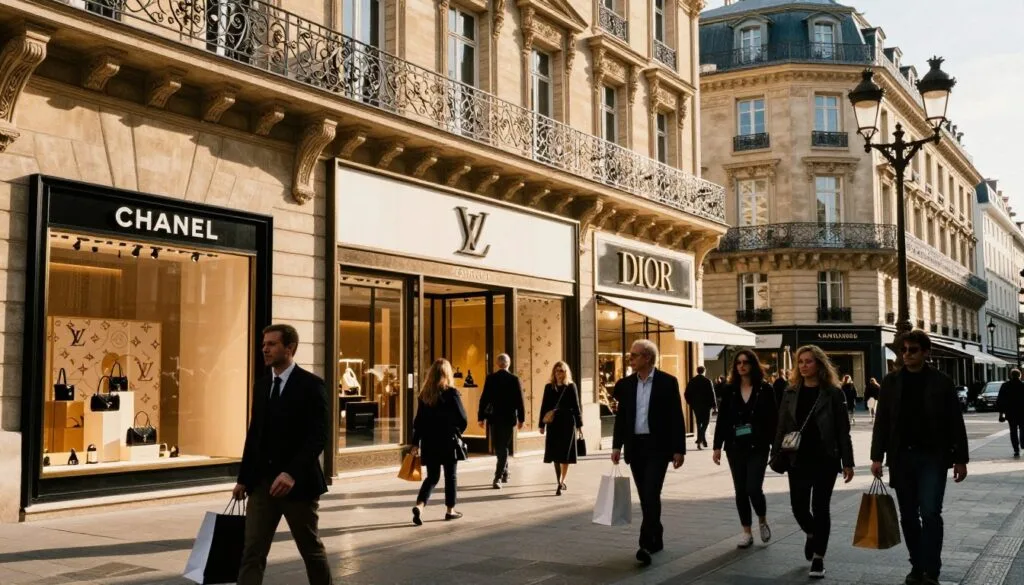Sehatra arabe mavitrika ao amin'ny distrikan'ny fivarotana lafo vidy ao amin'ny Golden Triangle any Paris, feno botika avo lenta toa an'i Chanel, Louis Vuitton, ary Dior. Ny eo aloha dia ahitana mpiantsena manao akanjo kanto, ny sasany mitazona kitapo fiantsenana, mampiseho fifangaroan'ny akanjo fandraharahana maoderina sy akanjo andavanandro kanto. Eo afovoany, ny fivarotana mamirapiratra dia mampiseho endrika varavarankely saro-takarina, maneho ny fahaiza-manao avo lenta sy ny entana lafo vidy. Ao ambadika, ny maritrano Parisiana mahazatra miaraka amin'ny lavarangana voaravaka sy jiro eny an-dalambe tranainy dia manampy halaliny amin'ny sehatra. Ny tara-masoandro amin'ny ora volamena dia manome hazavana mafana sy manintona, manatsara ny rivotry ny rendrarendra sy ny hakantony. Alaivo sary an-tsaina izany amin'ny fomba sary manta, miaraka amin'ny endrika amin'ny antsipiriany be sy ny resolution 8k ho an'ny traikefa hita maso mahavariana.