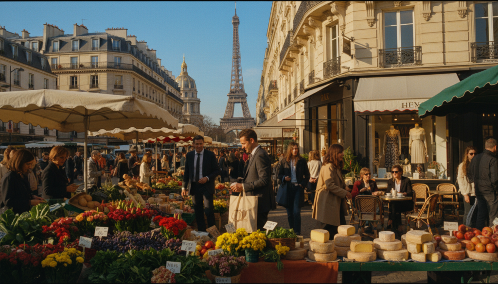 A vibrant street scene showcasing the essence of shopping and market destinations in Paris. In the foreground, a bustling open-air market with colorful stalls displaying fresh flowers, artisan cheeses, and local produce. Shoppers in professional business attire and modest casual clothing browse enthusiastically. The middle ground features a chic boutique storefront with elegant window displays, surrounded by quaint Parisian cafés with outdoor seating. In the background, iconic Parisian architecture, like the Eiffel Tower and historic buildings, rises against a clear blue sky. The overall atmosphere is lively and inviting, bathed in warm, cinematic lighting, highlighting the rich textures of the market goods and the charm of the surroundings. Captured in stunning 8k resolution, the image is both detailed and engaging, reflecting the allure of Parisian shopping culture. A vibrant street scene showcasing the essence of shopping and market destinations in Paris. In the foreground, a bustling open-air market with colorful stalls displaying fresh flowers, artisan cheeses, and local produce. Shoppers in professional business attire and modest casual clothing browse enthusiastically. The middle ground features a chic boutique storefront with elegant window displays, surrounded by quaint Parisian cafés with outdoor seating. In the background, iconic Parisian architecture, like the Eiffel Tower and historic buildings, rises against a clear blue sky. The overall atmosphere is lively and inviting, bathed in warm, cinematic lighting, highlighting the rich textures of the market goods and the charm of the surroundings. Captured in stunning 8k resolution, the image is both detailed and engaging, reflecting the allure of Parisian shopping culture.