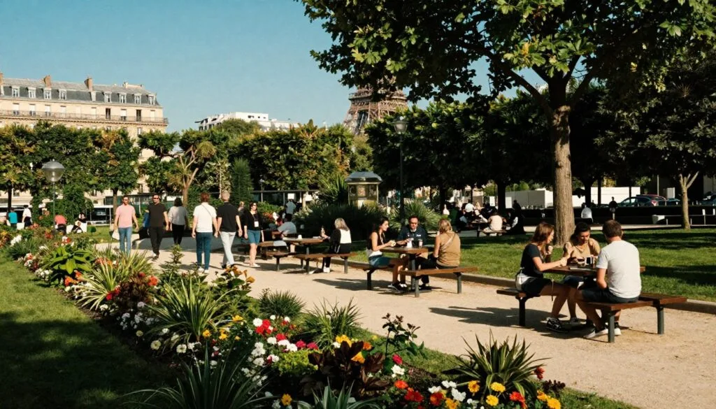 Un parc urbain parisien vibrant, où se mêlent aménagements paysagers modernes et jardins sereins. Au premier plan, une végétation luxuriante, des parterres fleuris colorés et des bancs élégants invitent à la détente. Au second plan, des visiteurs de tous horizons flânent et profitent de l'espace extérieur, certains attablés à des tables de pique-nique chics à l'ombre d'arbres contemporains. À l'arrière-plan, l'architecture parisienne emblématique se détache subtilement sur un ciel d'un bleu limpide, la Tour Eiffel se devinant à travers le feuillage. La scène est baignée d'une lumière chaude et cinématographique, qui met en valeur les textures des plantes et des allées. Capturée avec un objectif de 85 mm légèrement en angle, l'image dégage une atmosphère à la fois paisible et vivante, révélant la beauté de la nature en milieu urbain à Paris. Résolution 8K pour des détails d'une netteté exceptionnelle.