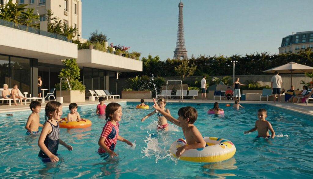 A vibrant urban pool scene in Paris, bustling with children engaged in various water activities. In the foreground, a diverse group of kids, wearing colorful casual summer clothing, laugh and splash each other with water. One child is demonstrating a playful dive, while others are floating on inflatable toys. The middle ground features modern swimming facilities, with sleek architecture and lush greenery surrounding the pool area. In the background, iconic Parisian landmarks like the Eiffel Tower are visible, under a clear blue sky. The scene is illuminated by warm, golden sunlight, creating a cheerful and lively atmosphere. The composition captures the joy of familial bonding and children's laughter, conveying a sense of adventure and fun. Shot in 8k resolution with highly detailed textures and cinematic lighting.