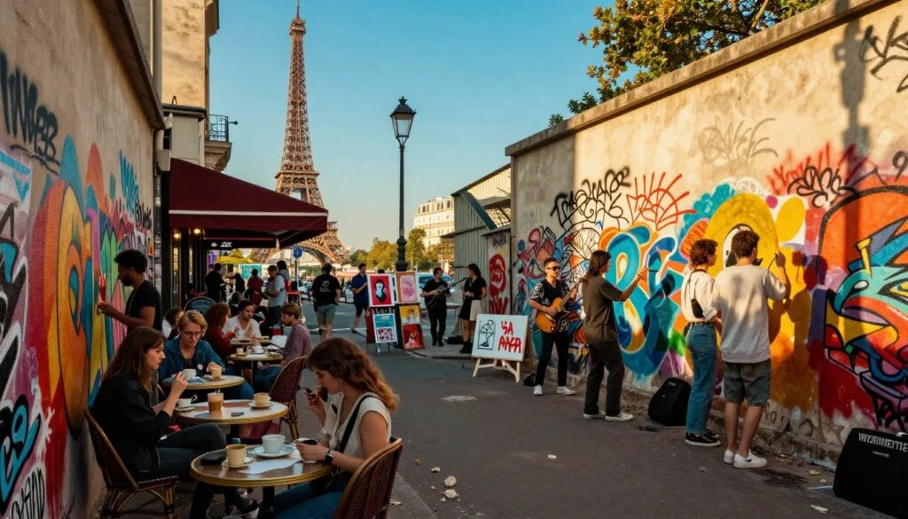Une scène urbaine vibrante mettant en valeur l'art et la culture de rue à Paris. Au premier plan, un groupe de jeunes gens aux styles variés, vêtus de tenues décontractées et élégantes, se livrent à une performance de rue animée, peignant des fresques murales sur un mur voisin, entourés de graffitis colorés. Au second plan, des terrasses de café sont occupées par des clients savourant un café, absorbés par leurs conversations, tandis que des artistes de rue exposent leurs œuvres et que des musiciens jouent des airs entraînants. À l'arrière-plan, l'architecture parisienne emblématique se dessine, la Tour Eiffel émergeant d'un ciel bleu azur. La scène est baignée d'une lumière dorée cinématographique, créant des teintes chaudes et de longues ombres. L'image se doit de capturer un sentiment de communauté, de créativité et l'esprit dynamique de Paris, avec des textures d'une grande précision, le tout dans une superbe résolution 8K.