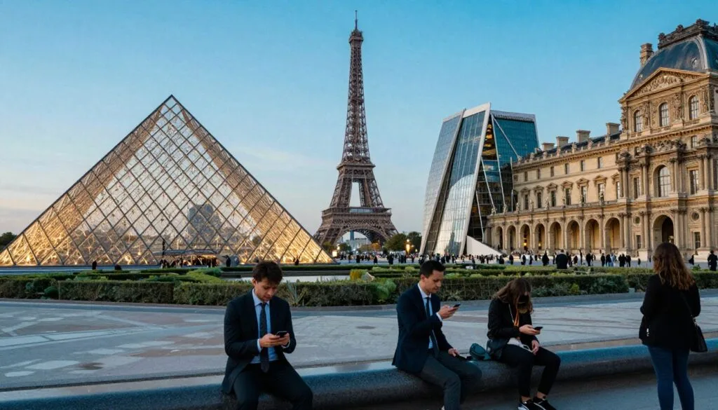 Une scène urbaine dynamique mettant en valeur les attractions modernes de Paris, avec la majestueuse pyramide du Louvre et le Centre Pompidou, tous deux baignés d'une douce lumière cinématographique. Au premier plan, de jeunes actifs en tenue de travail interagissent, immortalisant leurs moments avec leurs smartphones. Au second plan, des espaces verts luxuriants et une architecture moderne et élégante se fondent harmonieusement dans le paysage parisien historique. À l'arrière-plan, l'emblématique tour Eiffel se détache sur un ciel d'un bleu limpide. L'atmosphère est vivante et accueillante, soulignant le mariage réussi entre tradition et innovation dans le paysage urbain. L'image doit présenter des textures très détaillées et être rendue en résolution 8K, offrant une expérience visuelle immersive qui capture l'essence du Paris contemporain.