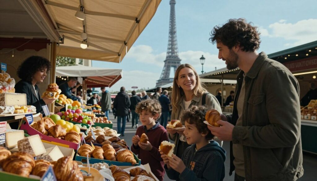 A warm and inviting scene of a family food tour in Paris, featuring a diverse family of four—parents and two children—exploring a vibrant outdoor market. In the foreground, the family is happily sampling freshly baked croissants and artisan cheeses from colorful stalls, their expressions full of joy and curiosity. The middle ground showcases a variety of charming food stalls adorned with colorful displays of fruits, pastries, and French delicacies. In the background, the iconic silhouette of the Eiffel Tower rises against a clear blue sky. The atmosphere is lively and festive, with soft, cinematic lighting highlighting the textures of the foods and the smiles of the family members. The image captures a moment of togetherness and joy, emphasizing the experience of savoring delicious Parisian flavors in an inviting and picturesque setting. 8k resolution, raw photograph style.