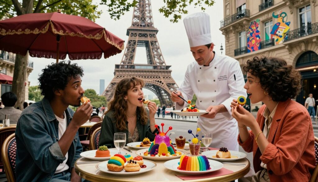 A whimsical Parisian street scene showcasing eccentric culinary experiences. In the foreground, a vibrant outdoor café table adorned with an extravagant array of colorful, unconventional dishes, including rainbow-colored pastries and molecular gastronomy creations. A Parisian chef in a crisp white jacket and toque serves a flamboyant dish, while a delighted couple of diverse backgrounds, dressed in stylish casual attire, samples the unique food. In the middle ground, the iconic Eiffel Tower peeks through the trees, and vintage French umbrellas add to the whimsical atmosphere. The background features charming, artistic street art, creating a lively urban scene. Capture this with cinematic lighting that highlights rich textures and colors, using a wide-angle lens for an immersive 8k resolution image, evoking a playful, adventurous mood.