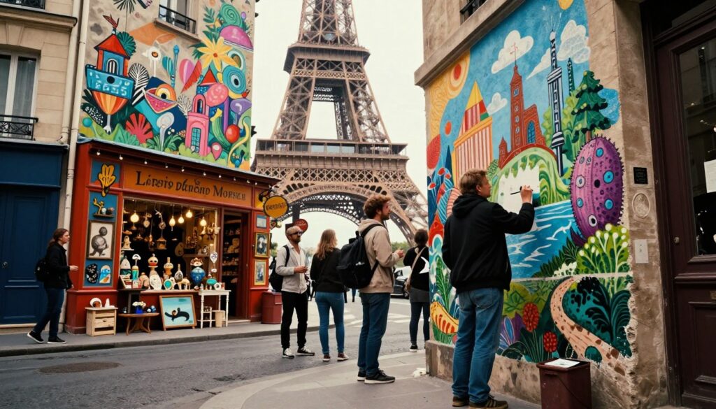A whimsical and artistic exploration of offbeat Paris, showcasing unique and quirky attractions. In the foreground, a charming street artist paints a surreal mural featuring unusual Parisian landmarks, while visitors, dressed in casual but stylish attire, marvel at the artwork. The middle ground features a colorful storefront selling peculiar antiques and vintage items, with whimsical signs hanging above. In the background, the Eiffel Tower is partially obscured by vibrant mural-covered walls, adding a playful twist to its iconic silhouette. The scene is bathed in soft, cinematic lighting that enhances the artistic textures and details, creating an inviting atmosphere. The composition captures a lively street scene from a low angle, emphasizing the eclectic charm of this unconventional side of Paris. Highly detailed, 8k resolution.