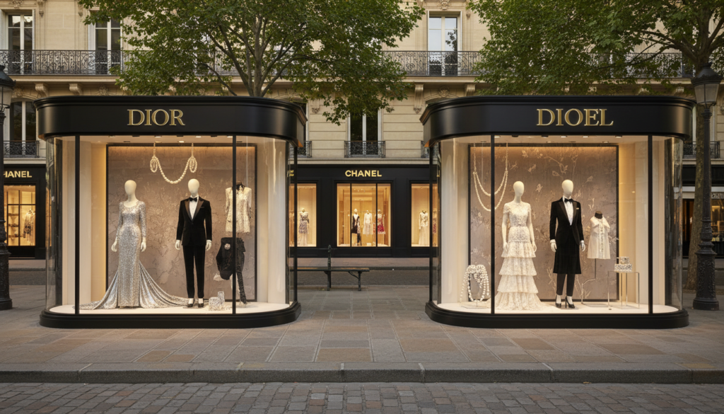 Avenue Montaigne in Paris, showcasing luxurious boutiques in an upscale urban setting. In the foreground, elegantly dressed mannequins in stylish displays featuring haute couture fashions. The middle ground highlights the iconic storefronts of high-end fashion houses like Dior and Chanel, with large windows glistening under warm afternoon sunlight. The background features lush trees lining the avenue, hinting at the historic Parisian architecture. Capture a vibrant atmosphere with soft, golden lighting, using a wide-angle lens to create depth. Evoke a sense of sophistication and glamour, illustrating the essence of Parisian fashion. No people are present, allowing the focus to remain on the boutiques and their exquisite designs.