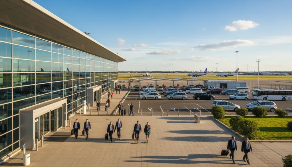 Ang Beauvais Airport (BVA) ay nakunan ng larawan sa isang maliwanag at maaraw na araw, na nagpapakita ng modernong arkitektura nito. Sa harapan, isang makinis at salamin na gusali ng terminal ang kumikinang sa sikat ng araw, kasama ang mga manlalakbay na nakasuot ng propesyonal na kasuotan sa negosyo na may layuning naglalakad patungo sa pasukan. Ang gitnang lugar ay nagtatampok ng isang maayos na lugar ng pagbaba na may mga taxi at shuttle na naghihintay, na napapalibutan ng maayos na landscaping. Ang background ay nagpapakita ng isang malinaw na asul na kalangitan na may tuldok-tuldok na puting ulap at mga eroplano na nag-taxi sa runway. Ang tanawin ay masigla at abalang-abala, na nagpapakita ng isang kapaligiran ng kasabikan at pag-asam sa paglalakbay. Gumamit ng bahagyang nakataas na anggulo upang makuha ang buong saklaw ng paliparan, na may mainit at natural na ilaw na nagbibigay-diin sa tanawin para sa isang nakakaengganyong pakiramdam.