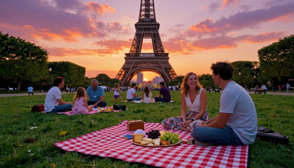 Champs de Mars picnic spot at sunset, showcasing a vibrant scene filled with families and friends enjoying a relaxed gathering on lush green grass. In the foreground, a classic red-and-white checkered picnic blanket spreads out with a spread of delicious snacks, including cheese, grapes, and pastries. The middle ground features people sitting and laughing, wearing casual, modest summer attire, with a few children playing nearby. The Eiffel Tower looms majestically in the background, partially silhouetted against a stunning sky painted in hues of orange, pink, and purple as the sun sets. The image has a warm, inviting atmosphere, captured with highly detailed textures in 8k resolution. Use cinematic lighting to create a soft glow illuminating the picnic area and emphasize the overall charm of this idyllic Parisian scene.