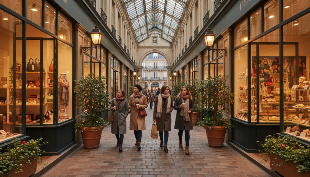 Charming covered passageways in Paris, showcasing elegant architecture with intricate glass ceilings. In the foreground, vibrant shops display artisanal goods and pastries, while shoppers dressed in stylish, modest attire stroll leisurely, enjoying their surroundings. Lush greenery potted along the sides adds a touch of nature, harmonizing with the cobbled stone floor. Mid-ground presents softly-lit passageway details, with warm golden light filtering through glass, creating a welcoming atmosphere. In the background, a hint of classic Parisian buildings can be seen, framing the scene. The mood is inviting and serene, emphasizing the beauty of these hidden gems. The angle captures a slightly elevated view, revealing the depth and charm of the passageways while maintaining a focus on the delightful shopping experience. Charming covered passageways in Paris, showcasing elegant architecture with intricate glass ceilings. In the foreground, vibrant shops display artisanal goods and pastries, while shoppers dressed in stylish, modest attire stroll leisurely, enjoying their surroundings. Lush greenery potted along the sides adds a touch of nature, harmonizing with the cobbled stone floor. Mid-ground presents softly-lit passageway details, with warm golden light filtering through glass, creating a welcoming atmosphere. In the background, a hint of classic Parisian buildings can be seen, framing the scene. The mood is inviting and serene, emphasizing the beauty of these hidden gems. The angle captures a slightly elevated view, revealing the depth and charm of the passageways while maintaining a focus on the delightful shopping experience.