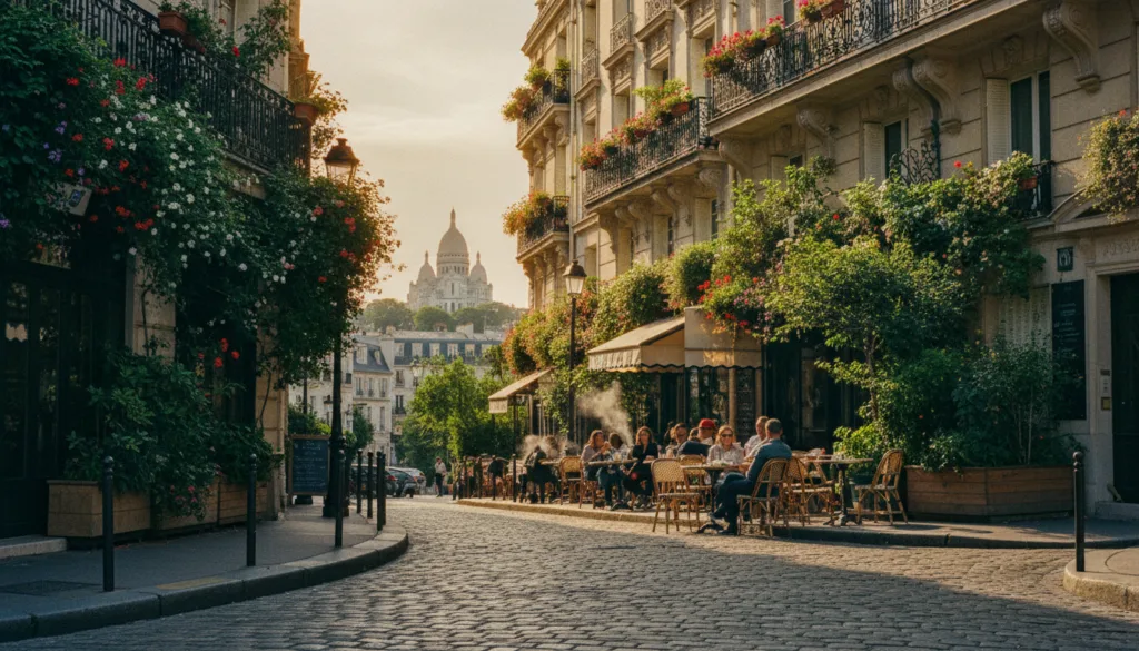 Očarujúca štvrť v Paríži s dláždenými ulicami a historickou architektúrou s elegantnými haussmannovskými budovami zdobenými kovanými železnými balkónmi v popredí. Bujná zeleň a kvetinové okenné debničky dodávajú pulzujúci vzhľad. V strede sa nachádza malebná kaviareň s vonkajším posedením, kde si ľudia v decentnom ležérnom oblečení vychutnávajú kávu. V pozadí je možné vidieť na kopci ikonickú siluetu baziliky Sacré-Cœur, ktorá sa vyhrieva v jemnom svetle zlatej hodiny. Atmosféra je pokojná a prívetivá a evokuje pocit pokojných prechádzok malebným parížskym prostredím. Zachyťte túto scénu v štýle surovej fotografie s dôrazom na detailné textúry, filmové osvetlenie a rozlíšenie 8k pre živé detaily a jasnosť.