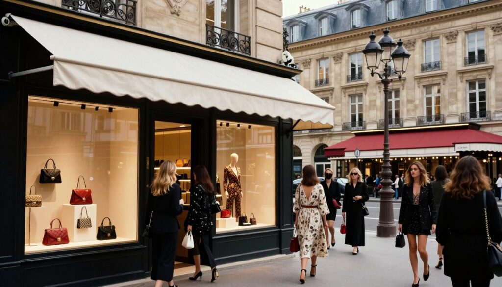 Chic Paris shopping scene showcasing elegant boutiques and stylish shoppers. In the foreground, a diverse group of women in fashionable attire, showcasing the latest trends, are admiring window displays filled with luxury goods and designer fashion accessories. The middle ground features sophisticated storefronts draped in elegant awnings, with high-end fashion items artfully displayed. In the background, the iconic Parisian architecture, including charming cafes and classic street lamps, enhances the ambiance. The scene is illuminated with warm, cinematic lighting that creates a vibrant atmosphere, accentuating the rich textures of the fashion items and the beauty of the Parisian streets. The image is captured in 8k resolution, with a focus on clarity and detail.
