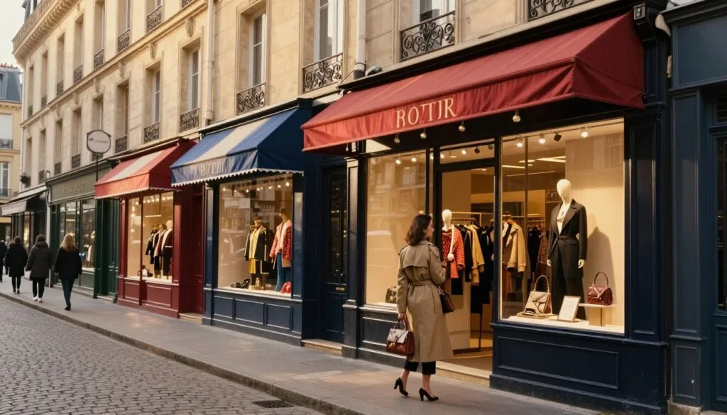 Boutiques elegantes se alinean a lo largo de una encantadora calle parisina, cada una con elegantes escaparates repletos de ropa y accesorios de alta costura. En primer plano, una mujer elegantemente vestida recorre una boutique, luciendo una elegante gabardina y un bolso de diseñador. En segundo plano, los escaparates lucen toldos coloridos y llamativos escaparates que invitan a los transeúntes a entrar. El fondo revela la arquitectura clásica parisina y calles adoquinadas bajo la suave y cálida luz dorada, que acentúa la vibrante atmósfera. La iluminación cinematográfica realza las texturas de las telas y los escaparates, creando una atmósfera acogedora que captura la esencia de las compras de moda en París. La imagen, tomada con un ligero ángulo para añadir profundidad, tiene una resolución de 8k para obtener imágenes con gran detalle.