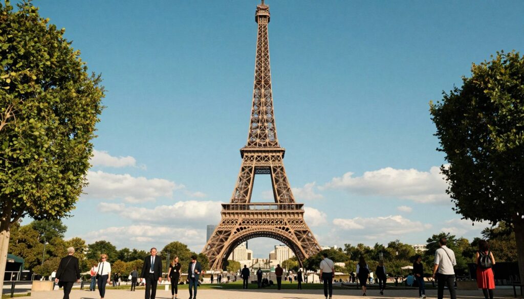 Eiffel Tower standing majestically against a clear blue sky, becoming the focal point of the image. In the foreground, lush green trees frame the scene, adding a sense of serenity and nature. The middle ground features tourists and locals casually strolling, showcasing a vibrant atmosphere, dressed in business attire and modest clothing. In the background, the iconic Parisian skyline complements the scene, with traditionally styled buildings and soft clouds enhancing depth. The sunlight casts warm, golden hues, creating cinematic lighting that glistens off the tower's iron lattice. Shot from a low angle to emphasize the tower's grandeur, the image captures the essence of one of the world's most beloved landmarks in stunning 8k resolution, with highly detailed textures that invite viewers to immerse themselves in the charm of Paris.