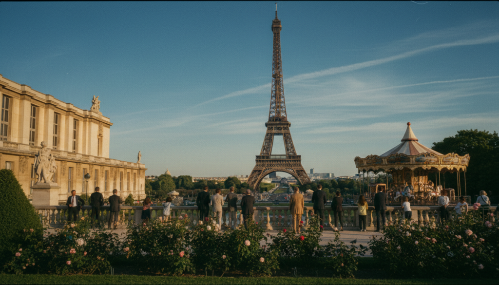 Eiffel Tower viewed from Trocadero, framed in the foreground by lush gardens and classic Parisian architecture. Capture a vibrant scene with tourists in professional attire, enjoying the view, while children play nearby. In the middle ground, the majestic Eiffel Tower rises gracefully, bathed in soft, golden sunlight, highlighting its intricate iron lattice design. The background features a clear blue sky with wispy clouds, creating a serene atmosphere. Use cinematic lighting to emphasize the details and textures of the scene, aiming for an 8k resolution photograph that evokes a sense of wonder and admiration for Paris's iconic landmarks. Eiffel Tower viewed from Trocadero, framed in the foreground by lush gardens and classic Parisian architecture. Capture a vibrant scene with tourists in professional attire, enjoying the view, while children play nearby. In the middle ground, the majestic Eiffel Tower rises gracefully, bathed in soft, golden sunlight, highlighting its intricate iron lattice design. The background features a clear blue sky with wispy clouds, creating a serene atmosphere. Use cinematic lighting to emphasize the details and textures of the scene, aiming for an 8k resolution photograph that evokes a sense of wonder and admiration for Paris's iconic landmarks.