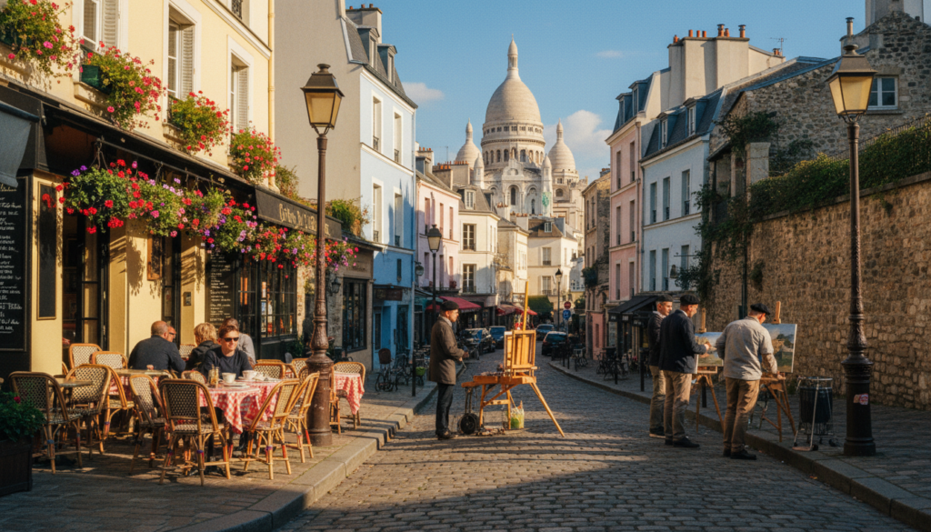Enchanting streets of Montmartre in Paris, featuring charming cobblestone pathways adorned with vibrant, blooming flowers in window boxes. In the foreground, a quaint café with outdoor seating invites passersby, while elegant wrought iron lampposts illuminate the scene with warm, golden light. The middle ground showcases picturesque buildings with classic French architecture, painted in soft pastel colors, and small artists painting on easels. In the background, the iconic Sacré-Cœur basilica rises majestically against a clear blue sky. The atmosphere is lively yet serene, evoking a sense of magic and nostalgia typical of Parisian neighborhoods. Shot in 8k resolution with cinematic lighting, capturing highly detailed textures and a warm, inviting mood. Enchanting streets of Montmartre in Paris, featuring charming cobblestone pathways adorned with vibrant, blooming flowers in window boxes. In the foreground, a quaint café with outdoor seating invites passersby, while elegant wrought iron lampposts illuminate the scene with warm, golden light. The middle ground showcases picturesque buildings with classic French architecture, painted in soft pastel colors, and small artists painting on easels. In the background, the iconic Sacré-Cœur basilica rises majestically against a clear blue sky. The atmosphere is lively yet serene, evoking a sense of magic and nostalgia typical of Parisian neighborhoods. Shot in 8k resolution with cinematic lighting, capturing highly detailed textures and a warm, inviting mood.