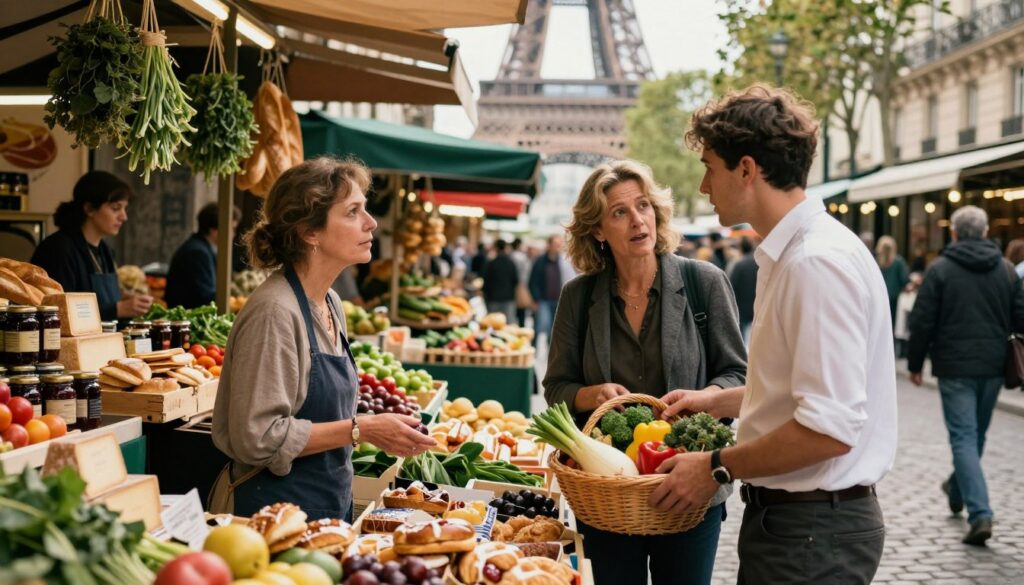 In a bustling Parisian market, local food experts engage in animated conversation amidst colorful stalls filled with fresh produce, artisanal cheeses, and gourmet pastries. In the foreground, two experts, a middle-aged woman in a stylish, modest outfit and a young man in a smart-casual shirt, share insights over a basket of locally sourced ingredients. The middle ground features an array of vibrant market stalls with hanging herbs, jars of jams, and fresh bread. In the background, the iconic cobblestone streets of Paris softly blur, with the Eiffel Tower peeking through trees. The scene is illuminated by warm, cinematic lighting, highlighting details and textures of the food. Captured in 8k resolution, the atmosphere is lively and inviting, perfect for showcasing the richness of Parisian culinary expertise.