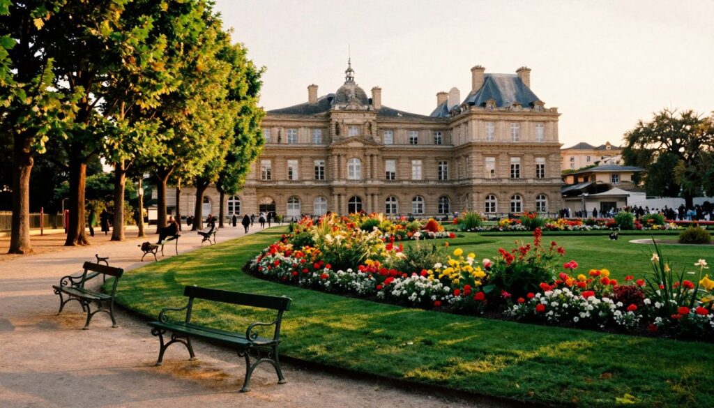 Luxembourg Gardens in Paris during a serene afternoon, showcasing lush, manicured lawns and vibrant flowerbeds in full bloom. In the foreground, elegant wrought-iron benches invite visitors to sit and enjoy the tranquil setting. The middle ground features a gently winding pathway lined with tall, leafy trees casting dappled sunlight. In the background, the iconic Luxembourg Palace stands majestically, with its classical architecture framed by vibrant greenery and colorful blossoms. The atmosphere is peaceful and inviting, enhanced by golden hour lighting that bathes the scene in a warm glow. Capture this tranquil garden in stunning 8k resolution, with highly detailed textures and cinematic lighting, focusing on the vibrant colors and serene beauty of this beloved Parisian landmark.