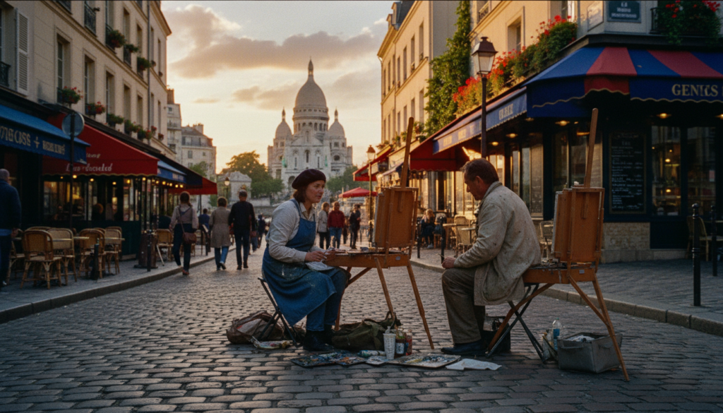 Montmartre's charming cobblestone streets, lined with characterful cafes and artist studios, create a picturesque scene. In the foreground, a couple of artists in casual yet modest clothing can be seen painting on easels, capturing the essence of this vibrant neighborhood. The middle ground features quaint buildings with colorful facades adorned with flower boxes. In the background, the iconic Sacré-Cœur Basilica towers above, bathed in soft golden hour lighting, casting gentle shadows across the scene. The image should showcase highly detailed textures, emphasizing the roughness of the cobblestones and the warmth of the sunset. Capture this idyllic atmosphere with a raw photograph style and cinematic lighting, ensuring an 8k resolution for a stunning visual. Montmartre's charming cobblestone streets, lined with characterful cafes and artist studios, create a picturesque scene. In the foreground, a couple of artists in casual yet modest clothing can be seen painting on easels, capturing the essence of this vibrant neighborhood. The middle ground features quaint buildings with colorful facades adorned with flower boxes. In the background, the iconic Sacré-Cœur Basilica towers above, bathed in soft golden hour lighting, casting gentle shadows across the scene. The image should showcase highly detailed textures, emphasizing the roughness of the cobblestones and the warmth of the sunset. Capture this idyllic atmosphere with a raw photograph style and cinematic lighting, ensuring an 8k resolution for a stunning visual.