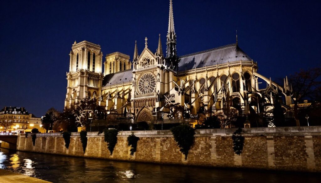Notre Dame Cathedral illuminated at night, showcasing its stunning Gothic architecture with intricate details and flying buttresses. In the foreground, dark reflecting waters of the Seine River add depth, capturing reflections of the cathedral's glow. The middle ground features the majestic façade of Notre Dame, with warm golden lights illuminating its detailed stone carvings and gargoyles, set against a deep blue night sky. In the background, hints of Parisian rooftops and the distant Eiffel Tower fade into the night, adding to the ambiance. The scene is drenched in cinematic lighting, creating a tranquil yet vibrant atmosphere. Shot at a low angle with a wide lens, this highly detailed image captures the grandeur of one of Paris's historic landmarks in 8k resolution, evoking a sense of wonder and exploration.