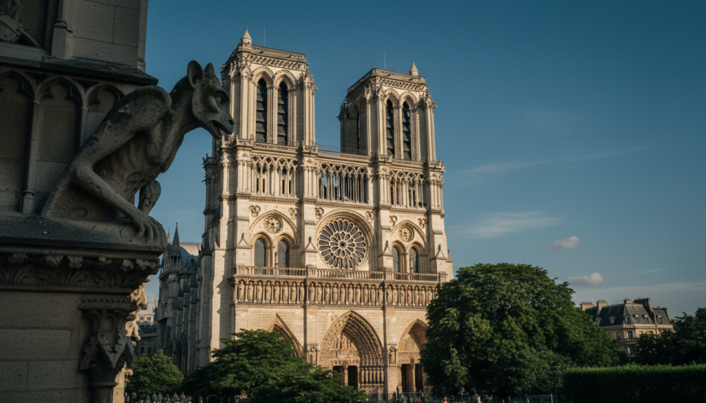 Notre-Dame Cathedral in Paris, showcasing intricate architectural details such as its iconic gargoyles, pointed arches, and detailed stone carvings. In the foreground, a close-up view reveals the rich textures of the gothic façade, highlighting the craftsmanship in the masonry. The middle ground features the grand façade of the cathedral with stunning stained glass windows catching the sunlight, casting colorful reflections. The background includes lush trees in the square, softening the scene, while the sky is a vibrant blue, adding to the atmosphere. Use cinematic lighting to emphasize shadows and highlights, capture this in a raw photograph style, with an 8k resolution for exceptional detail, evoking a sense of awe and reverence for this celebrated landmark. Notre-Dame Cathedral in Paris, showcasing intricate architectural details such as its iconic gargoyles, pointed arches, and detailed stone carvings. In the foreground, a close-up view reveals the rich textures of the gothic façade, highlighting the craftsmanship in the masonry. The middle ground features the grand façade of the cathedral with stunning stained glass windows catching the sunlight, casting colorful reflections. The background includes lush trees in the square, softening the scene, while the sky is a vibrant blue, adding to the atmosphere. Use cinematic lighting to emphasize shadows and highlights, capture this in a raw photograph style, with an 8k resolution for exceptional detail, evoking a sense of awe and reverence for this celebrated landmark.