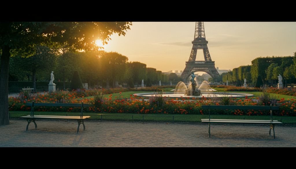 Stunning parks and gardens in Paris, featuring the lush greenery of the Jardin des Tuileries, with meticulously trimmed hedges and vibrant flower beds in full bloom. In the foreground, a peaceful path lined with classic Parisian benches, inviting visitors to relax. The middle layer showcases elegant fountains and sculptures, surrounded by colorful seasonal flowers. In the background, the iconic Eiffel Tower can be seen peeking through the trees, adding a distinct Parisian charm. Capture this scene in soft, cinematic lighting, emphasizing the warm hues of sunset filtering through the leaves. Use a wide-angle lens to encompass the beauty and tranquility of the landscape, ensuring highly detailed textures come to life in 8k resolution, evoking a serene and inviting atmosphere.
