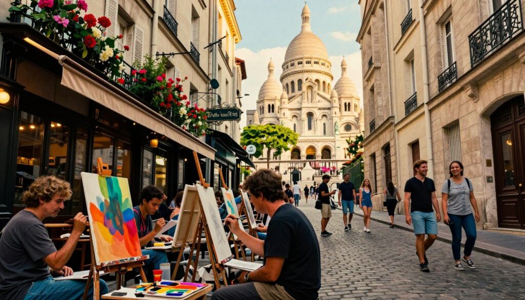 Vibrant scene capturing the essence of Montmartre, Paris, showcasing its artistic charm. In the foreground, a group of diverse artists, dressed in modest casual clothing, engage in painting and sketching on easels, surrounded by colorful canvases and art supplies. In the middle ground, narrow cobblestone streets lined with charming cafes and flower-laden balconies create a picturesque ambiance, where locals and tourists leisurely stroll, laughing and chatting. The background features the iconic Sacré-Cœur Basilica, illuminated by warm, golden sunlight. The overall mood is lively and inviting, evoking a sense of creativity and community in this historic district. The image should exhibit raw photographic quality, intricate textures, and a cinematic lighting effect, rendered in 8k resolution for stunning detail.