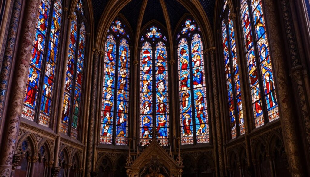 Vivid stained glass windows of Sainte-Chapelle in Paris, showcasing intricate biblical scenes and vibrant hues of blue, red, and gold. In the foreground, delicate framing of the tall gothic arches leads to the interior charm, adorned with floral motifs and historical carvings. The middle ground captures the stunning light filtering through the stained glass, casting colorful reflections on the polished stone floor. In the background, hints of the ornate chapel architecture stretch upwards, drawing the eye towards the majestic vaulted ceiling. The scene is illuminated by soft, cinematic lighting that enhances the rich textures and detail, creating a serene and awe-inspiring atmosphere. Render in 8k resolution for hyper-realistic clarity.
