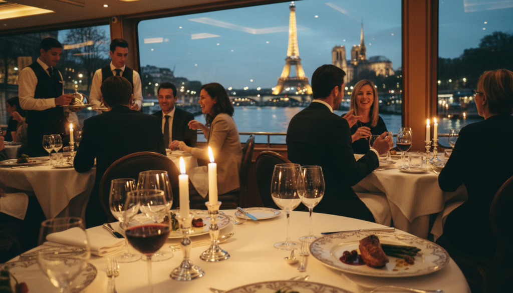A beautiful Seine dinner cruise scene in Paris during twilight, capturing an elegant dining experience. In the foreground, a beautifully set table with fine china and flickering candlelight, showcasing a gourmet meal and a glass of wine. In the middle, guests dressed in stylish business attire enjoy their meals, engaged in lively conversation, while waitstaff glide gracefully between tables, offering impeccable service. The background features the iconic illuminated landmarks of Paris, such as the Eiffel Tower and Notre-Dame Cathedral, reflecting on the tranquil water. The ambiance is warm and inviting, with soft golden lighting creating a romantic atmosphere. Lens effect simulates a shallow depth of field, focusing on the table and guests, while capturing the enchanting cityscape behind them. Raw photograph quality, cinematic lighting, highly detailed textures, in stunning 8k resolution. A beautiful Seine dinner cruise scene in Paris during twilight, capturing an elegant dining experience. In the foreground, a beautifully set table with fine china and flickering candlelight, showcasing a gourmet meal and a glass of wine. In the middle, guests dressed in stylish business attire enjoy their meals, engaged in lively conversation, while waitstaff glide gracefully between tables, offering impeccable service. The background features the iconic illuminated landmarks of Paris, such as the Eiffel Tower and Notre-Dame Cathedral, reflecting on the tranquil water. The ambiance is warm and inviting, with soft golden lighting creating a romantic atmosphere. Lens effect simulates a shallow depth of field, focusing on the table and guests, while capturing the enchanting cityscape behind them. Raw photograph quality, cinematic lighting, highly detailed textures, in stunning 8k resolution.