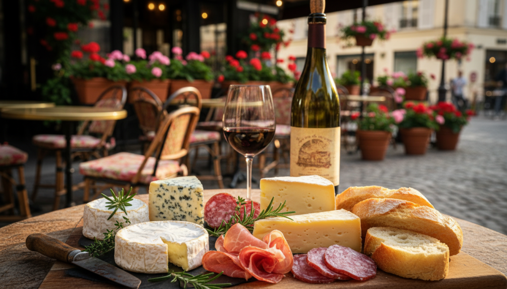 A beautifully arranged French cheese board featuring a variety of artisan cheeses, including Camembert, Roquefort, and Comté, paired with elegant charcuterie selections like prosciutto and salami. The foreground showcases a variety of cheeses on a rustic wooden tabletop, garnished with fresh herbs and accompanied by crusty baguette slices. In the middle ground, a glass of red wine is elegantly placed beside the cheese platter, with soft focus on a vintage wine bottle. The background reveals a quaint Parisian street café, with charming wrought-iron furniture and blooming flowers. The scene is illuminated with warm, cinematic lighting, providing a cozy and inviting atmosphere. The image features highly detailed textures, shot in 8k resolution to capture the gourmet essence of Paris. A beautifully arranged French cheese board featuring a variety of artisan cheeses, including Camembert, Roquefort, and Comté, paired with elegant charcuterie selections like prosciutto and salami. The foreground showcases a variety of cheeses on a rustic wooden tabletop, garnished with fresh herbs and accompanied by crusty baguette slices. In the middle ground, a glass of red wine is elegantly placed beside the cheese platter, with soft focus on a vintage wine bottle. The background reveals a quaint Parisian street café, with charming wrought-iron furniture and blooming flowers. The scene is illuminated with warm, cinematic lighting, providing a cozy and inviting atmosphere. The image features highly detailed textures, shot in 8k resolution to capture the gourmet essence of Paris.