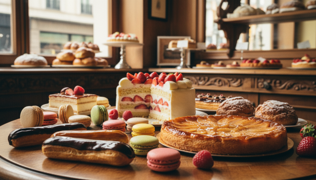 A beautifully arranged display of traditional French cakes and authentic pastries on an elegant table. Foreground features delicate pastries like éclairs, macarons, and tarte Tatin, each glistening with enticing glaze and vibrant colors. The middle ground showcases a classic French cake, such as a layered gâteau with fresh berries and cream, artistically sliced. In the background, a quaint Parisian patisserie setting with soft, golden lighting highlights ornate shelves filled with more confections. The atmosphere exudes warmth and coziness, evoking a sense of culinary artistry. Captured in high-resolution 8k, with a cinematic angle emphasizing textures and details, this image should invite viewers to indulge in the richness of French pastry culture.