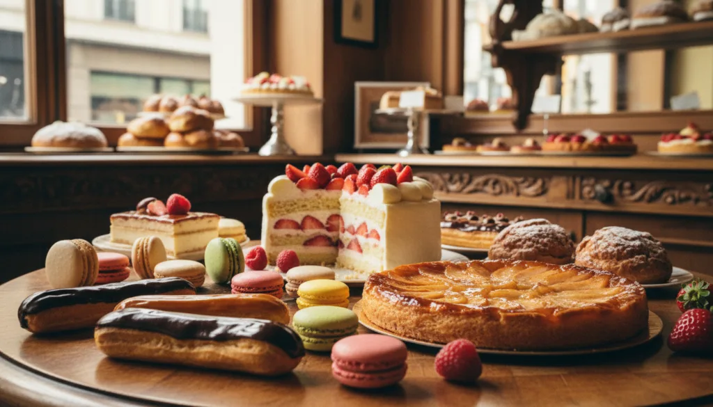 Krásne aranžovaná prehliadka tradičných francúzskych tort a autentického pečiva na elegantnom stole. V popredí sú jemné pečivo ako éclairs, makrónky a tarte tatin, pričom každé sa trblieta lákavou glazúrou a žiarivými farbami. V strede je prezentovaný klasický francúzsky koláč, ako napríklad vrstvený gâteau s čerstvými bobuľami a šľahačkou, umelecky nakrájaný. V pozadí sa nachádza malebné parížske cukrárenské prostredie s jemným zlatým osvetlením, ktoré zvýrazňuje zdobené police plné ďalších cukroviniek. Atmosféra vyžaruje teplo a útulnosť a evokuje pocit kulinárskeho umenia. Tento obrázok, zachytený vo vysokom rozlíšení 8k s filmovým uhlom s dôrazom na textúry a detaily, by mal divákov pozvať, aby sa oddali bohatstvu francúzskej cukrárskej kultúry.