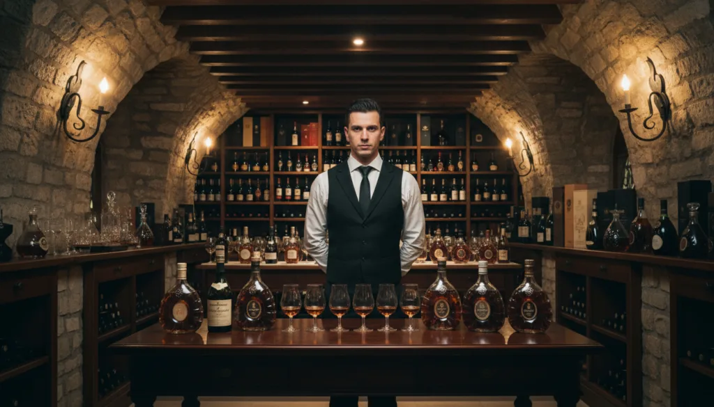 Une dégustation de cognac de luxe, orchestrée avec raffinement, se déroule dans une élégante cave parisienne. Au premier plan, un sommelier, vêtu d'une chemise blanche impeccable et d'un gilet noir sur mesure, présente une sélection de bouteilles de cognac d'exception disposées sur une table en bois sombre, parée de verres précieux. Au centre, la douce lumière d'appliques de style vintage met en valeur les textures des murs de pierre et des poutres apparentes, créant une atmosphère à la fois intime et sophistiquée. À l'arrière-plan, des étagères regorgeant de cognacs haut de gamme et de verres d'exception reflètent ce cadre raffiné. La scène est capturée avec un éclairage cinématographique, mettant en lumière les reflets du cognac dans les verres et conférant à l'ensemble une impression de sophistication et de chaleur. Filmée en résolution 8K, cette image révèle des détails et des textures d'une grande finesse, invitant le spectateur à vivre une expérience VIP exclusive autour du cognac, au cœur de Paris.