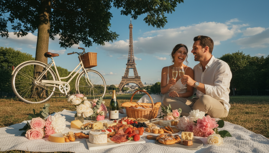 A beautifully arranged luxury picnic in a picturesque Parisian park, with the Eiffel Tower elegantly rising in the background. The foreground features a lavish spread on a pristine white blanket, adorned with gourmet delicacies, champagne flutes, and delicately arranged flowers. Nearby, a couple in smart casual attire is enjoying the moment, exuding joy and romance, while an ornate vintage bicycle leans against a nearby tree. Soft, warm cinematic lighting enhances the scene, creating a dreamy atmosphere, with golden hour sunlight filtering through the leaves. The background reveals fluffy clouds against a deep blue sky, emphasizing the charm of Paris for special occasions. The image captures a sense of indulgence and celebration, perfect for showcasing luxury tours. Highly detailed textures and an 8k resolution render the scene lifelike and captivating. A beautifully arranged luxury picnic in a picturesque Parisian park, with the Eiffel Tower elegantly rising in the background. The foreground features a lavish spread on a pristine white blanket, adorned with gourmet delicacies, champagne flutes, and delicately arranged flowers. Nearby, a couple in smart casual attire is enjoying the moment, exuding joy and romance, while an ornate vintage bicycle leans against a nearby tree. Soft, warm cinematic lighting enhances the scene, creating a dreamy atmosphere, with golden hour sunlight filtering through the leaves. The background reveals fluffy clouds against a deep blue sky, emphasizing the charm of Paris for special occasions. The image captures a sense of indulgence and celebration, perfect for showcasing luxury tours. Highly detailed textures and an 8k resolution render the scene lifelike and captivating.