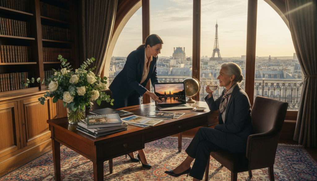 A beautifully arranged scene showcasing a luxury travel consultant's office with a view of iconic Paris landmarks like the Eiffel Tower and Louvre in the background. In the foreground, a well-dressed travel consultant (male or female, in business attire) is attentively discussing luxury tour options with a discerning client. The desk is cluttered with high-end travel brochures and a laptop displaying exquisite images of Parisian landmarks. Soft, cinematic lighting creates a warm and inviting atmosphere, highlighting the textures of the elegant office decor. The lens captures the scene from a slightly elevated angle, providing a dynamic perspective. Vivid details such as fresh flowers and plush seating add to the ambiance of sophistication and comfort, emphasizing a personalized luxury experience. A beautifully arranged scene showcasing a luxury travel consultant's office with a view of iconic Paris landmarks like the Eiffel Tower and Louvre in the background. In the foreground, a well-dressed travel consultant (male or female, in business attire) is attentively discussing luxury tour options with a discerning client. The desk is cluttered with high-end travel brochures and a laptop displaying exquisite images of Parisian landmarks. Soft, cinematic lighting creates a warm and inviting atmosphere, highlighting the textures of the elegant office decor. The lens captures the scene from a slightly elevated angle, providing a dynamic perspective. Vivid details such as fresh flowers and plush seating add to the ambiance of sophistication and comfort, emphasizing a personalized luxury experience.
