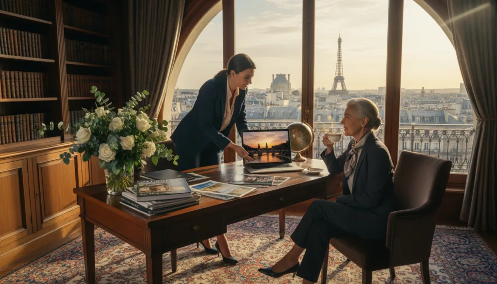 Une scène soigneusement mise en scène présente le bureau d'un conseiller en voyages de luxe, avec en arrière-plan des monuments emblématiques de Paris tels que la Tour Eiffel et le Louvre. Au premier plan, un conseiller en voyages élégant (homme ou femme, en tenue de ville) discute attentivement avec un client exigeant des options de circuits de luxe. Le bureau est encombré de brochures de voyage haut de gamme et d'un ordinateur portable affichant de superbes images des monuments parisiens. Un éclairage doux et cinématographique crée une atmosphère chaleureuse et accueillante, mettant en valeur les textures du décor raffiné. La caméra, légèrement en plongée, offre une perspective dynamique. Des détails soignés, comme des fleurs fraîches et des sièges moelleux, contribuent à l'ambiance sophistiquée et confortable, soulignant une expérience de luxe personnalisée. Une scène soigneusement mise en scène présente le bureau d'un conseiller en voyages de luxe, avec en arrière-plan des monuments emblématiques de Paris tels que la Tour Eiffel et le Louvre. Au premier plan, un conseiller en voyages élégant (homme ou femme, en tenue de ville) discute attentivement avec un client exigeant des options de circuits de luxe. Le bureau est encombré de brochures de voyage haut de gamme et d'un ordinateur portable affichant de superbes images des monuments parisiens. Un éclairage doux et cinématographique crée une atmosphère chaleureuse et accueillante, mettant en valeur les textures du décor raffiné. La caméra, légèrement en plongée, offre une perspective dynamique. Des détails soignés, comme des fleurs fraîches et des sièges moelleux, contribuent à l'ambiance sophistiquée et confortable, soulignant une expérience de luxe personnalisée.