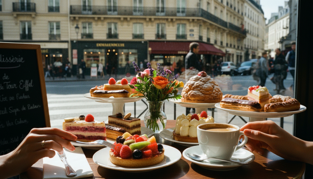 A beautifully arranged table in a charming Parisian café, showcasing an array of exquisite cakes, like macarons, éclairs, and layered pastries. In the foreground, a delicate hand reaches for a colorful pastry with a fork, while a coffee cup and a small vase of fresh flowers add warmth to the scene. The middle section showcases a backdrop of an iconic Parisian street, with historic buildings and sidewalk ambiance, hinting at the cozy atmosphere of the best cake shops. Soft, golden hour lighting bathes the scene, enhancing the textures of the cakes and the café's inviting interior. The overall mood is delightful and inviting, emphasizing the joy of indulging in sweet treats in Paris, captured in a highly detailed 8k resolution photograph.