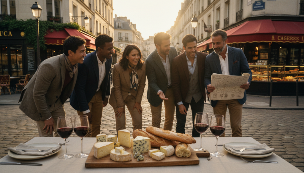 A beautifully arranged table set for a private wine and food tour in Paris. In the foreground, there are elegant wine glasses filled with rich red wine, alongside a variety of gourmet cheeses and artisanal bread. The middle ground features a tasteful group of diverse individuals (dressed in smart casual attire) engaged in lively conversation with a knowledgeable guide pointing to a map of gourmet locations in Paris. The background showcases a charming Parisian street, lined with quaint cafés and bakeries, under warm, golden hour lighting. The atmosphere is inviting and sophisticated, capturing the essence of culinary exploration. Shot in 8k resolution with cinematic lighting, emphasizing detailed textures of the food and surroundings. A beautifully arranged table set for a private wine and food tour in Paris. In the foreground, there are elegant wine glasses filled with rich red wine, alongside a variety of gourmet cheeses and artisanal bread. The middle ground features a tasteful group of diverse individuals (dressed in smart casual attire) engaged in lively conversation with a knowledgeable guide pointing to a map of gourmet locations in Paris. The background showcases a charming Parisian street, lined with quaint cafés and bakeries, under warm, golden hour lighting. The atmosphere is inviting and sophisticated, capturing the essence of culinary exploration. Shot in 8k resolution with cinematic lighting, emphasizing detailed textures of the food and surroundings.