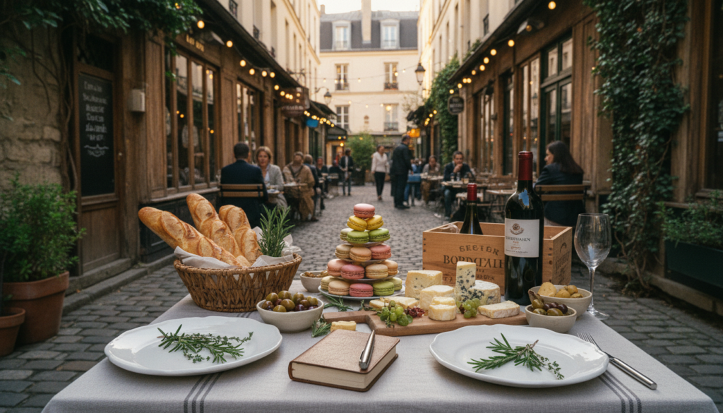 A beautifully arranged table set in a quaint Parisian alley, featuring an assortment of traditional French foods: freshly baked baguettes, colorful macarons, artisan cheeses, and a bottle of fine wine. In the foreground, plates are elegantly styled with herbs, while a small vintage-style notebook and a sleek pen are present, symbolizing planning and notes for food tours. The middle ground showcases charming cobblestone streets lined with rustic cafés and ivy-covered brick walls, with a hint of patrons enjoying their meals, dressed in smart casual clothing. In the background, the iconic Parisian architecture under a soft golden hour light sets a warm and inviting mood, with cinematic lighting enhancing the high-definition textures of the scene. 8k resolution captures every detail, conveying the essence of exploring hidden culinary gems in Paris.