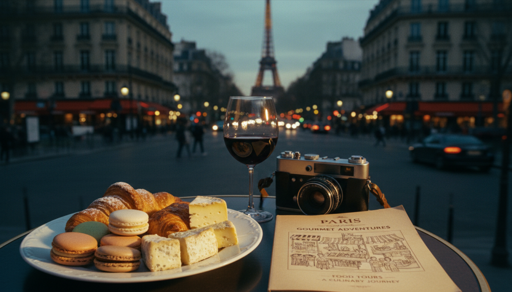 A beautifully arranged table showcasing a selection of gourmet foods representative of a Paris food tour. In the foreground, an elegantly plated dish featuring colorful macarons, artisanal cheeses, and decadent pastries, with a glass of fine wine. In the middle ground, a stylish Parisian guidebook open to a page on food tours, alongside a vintage camera capturing the moment. The background features a softly blurred view of a bustling Paris street, with iconic landmarks like the Eiffel Tower in the distance. The scene is bathed in warm, cinematic lighting, highlighting the intricate details and textures of the food and setting. Capture this in 8k resolution for a rich and immersive experience. A beautifully arranged table showcasing a selection of gourmet foods representative of a Paris food tour. In the foreground, an elegantly plated dish featuring colorful macarons, artisanal cheeses, and decadent pastries, with a glass of fine wine. In the middle ground, a stylish Parisian guidebook open to a page on food tours, alongside a vintage camera capturing the moment. The background features a softly blurred view of a bustling Paris street, with iconic landmarks like the Eiffel Tower in the distance. The scene is bathed in warm, cinematic lighting, highlighting the intricate details and textures of the food and setting. Capture this in 8k resolution for a rich and immersive experience.