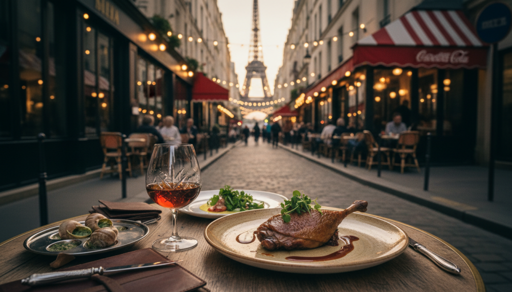 Skaisti klāts galds, kurā demonstrēta grezna konjaka un ēdienu saderības tūre Parīzē. Priekšplānā atrodas satriecoša kristāla konjaka glāze, kas piepildīta ar dzintara krāsas šķidrumu, blakus rūpīgi pasniegtam franču gardēžu virtuves ēdienam, piemēram, pīles konfit vai eskargo, kas dekorēts ar svaigiem garšaugiem. Vidusdaļā ir attēlota klasiska Parīzes iela ar savdabīgiem bistro un košām kafejnīcu nojumēm. Fonā redzams Eifeļa tornis, kas maigi izplūdis, lai uzsvērtu atmosfēru. Aina ir izgaismota ar siltu, kinematogrāfisku apgaismojumu, radot aicinošu atmosfēru. Fotogrāfija tver izsmalcinātības un kulinārijas baudījuma būtību, demonstrējot sarežģītas ēdiena un konjaka tekstūras krāšņā 8k izšķirtspējā.