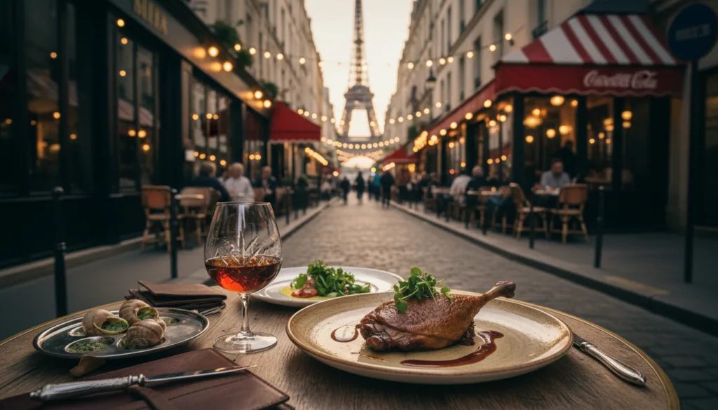 Une table magnifiquement dressée met en scène une luxueuse dégustation de cognacs et de mets à Paris. Au premier plan, un superbe verre à cognac en cristal, rempli d'un nectar ambré, côtoie un plat raffiné de cuisine française, comme un confit de canard ou des escargots, agrémenté d'herbes fraîches. Au second plan, une rue parisienne typique se dessine, avec ses bistrots pittoresques et ses cafés aux auvents colorés. En arrière-plan, la Tour Eiffel se devine, légèrement floutée, soulignant l'ambiance. La scène est baignée d'une lumière chaude et cinématographique, créant une atmosphère accueillante. La photographie capture l'essence même du raffinement et du plaisir culinaire, révélant les textures subtiles des mets et du cognac dans une splendide résolution 8K.