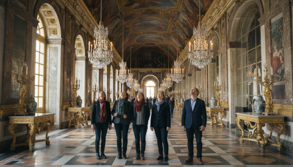 A breathtaking interior view of the Palace of Versailles during a half-day tour, showcasing the grandeur of the Hall of Mirrors. In the foreground, elegant visitors dressed in smart casual attire admire the opulent chandeliers reflecting light across the ornate gold-trimmed mirrors. The middle ground features intricate details of the marble flooring and lavish decorations, while the grand arches and tapestries form a majestic background. Soft, cinematic lighting highlights the rich color palette of gold, royal blue, and deep red, creating an inviting and awe-inspiring atmosphere. The image captures a sense of exploration and cultural immersion, emphasizing the beauty of Versailles in stunning 8k resolution with highly detailed textures. A breathtaking interior view of the Palace of Versailles during a half-day tour, showcasing the grandeur of the Hall of Mirrors. In the foreground, elegant visitors dressed in smart casual attire admire the opulent chandeliers reflecting light across the ornate gold-trimmed mirrors. The middle ground features intricate details of the marble flooring and lavish decorations, while the grand arches and tapestries form a majestic background. Soft, cinematic lighting highlights the rich color palette of gold, royal blue, and deep red, creating an inviting and awe-inspiring atmosphere. The image captures a sense of exploration and cultural immersion, emphasizing the beauty of Versailles in stunning 8k resolution with highly detailed textures.