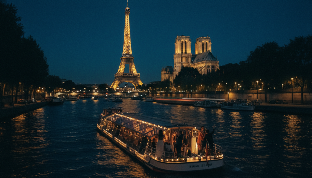 Wani kyakkyawan yanayi na yawon shakatawa na jiragen ruwa a bakin kogin Seine da ke birnin Paris, wanda aka ɗauka a cikin ƙudurin 8k tare da salon ɗaukar hoto mara kyau. A gaba, wani jirgin ruwa mai santsi, mai haske cike da mutane suna jin daɗin yawon shakatawarsu, sanye da kayan yamma masu kyau, suna nuna hasken birnin mai haske. Tsakiyar wurin yana nuna manyan wuraren tarihi na birnin Paris, kamar Hasumiyar Eiffel da Cathedral ta Notre-Dame, waɗanda aka haskaka da kyau a sararin samaniyar faɗuwar rana. An ƙawata bangon da hasken fitilun titi da bishiyoyi da ke gefen kogin, suna ƙirƙirar yanayi mai daɗi da jan hankali. Wurin yana cike da hasken sinima, yana haɓaka kyawawan zane-zane na gine-gine da ruwa, yana isar da jin mamaki da sihiri a cikin wannan birni mai ban sha'awa da daddare.