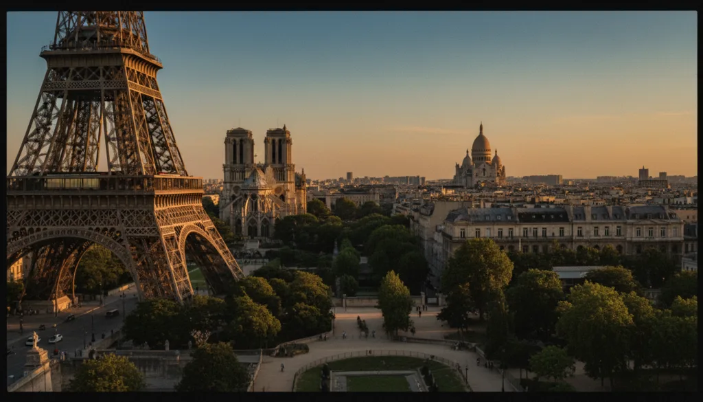 Úchvatná panoráma historických pamiatok a architektonických skvostov Paríža s majestátnou Eiffelovou vežou, ktorá sa elegantne týči v popredí, zaliatou teplým zlatým slnečným svetlom. V strede pozadia sa nachádza prepracovaná fasáda katedrály Notre-Dame, ktorá predvádza svoju gotickú nádheru, obklopená bujnou zeleňou a dláždenými chodníkmi, ktoré pozývajú na objavovanie. V pozadí sa nachádza úchvatná bazilika Sacré-Cœur, ktorá sa týči na vrchole Montmartru a jej biele kupoly kontrastujú s večernou oblohou. Zachyťte túto scénu v surovom fotografickom štýle s filmovým osvetlením a detailnými textúrami, ktoré zdôrazňujú čaro a romantiku mesta. Obrázok by mal vyjadrovať pokojnú, nostalgickú atmosféru, evokujúc bohatú históriu a krásu Paríža. Uistite sa, že kompozícia je ostrá v rozlíšení 8k, nasnímaná z mierne zvýšeného uhla, aby zachytila ​​vznešenosť týchto pamiatok.