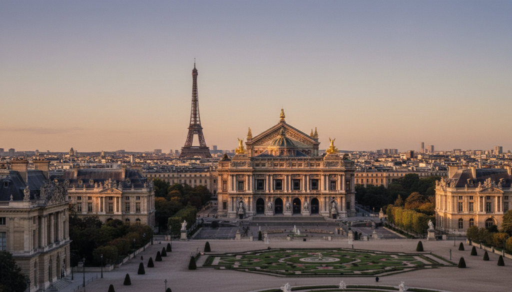 A breathtaking view of Paris’ royal palaces and residences, featuring the grandeur of the Palais de Versailles in the foreground with its ornate architecture and meticulously manicured gardens. In the middle ground, highlight the majestic Opéra Garnier, showcasing its stunning façade and intricate sculptures. The Eiffel Tower rises elegantly in the background, adding to the cityscape's charm. The scene is set during the golden hour, with warm, cinematic lighting illuminating the buildings, enhancing the rich textures of the stone and gilded accents. Capture this iconic Parisian landscape with a wide-angle lens, showcasing the splendor and history of these royal structures in exceptional 8k resolution, evoking a sense of awe and nostalgia.