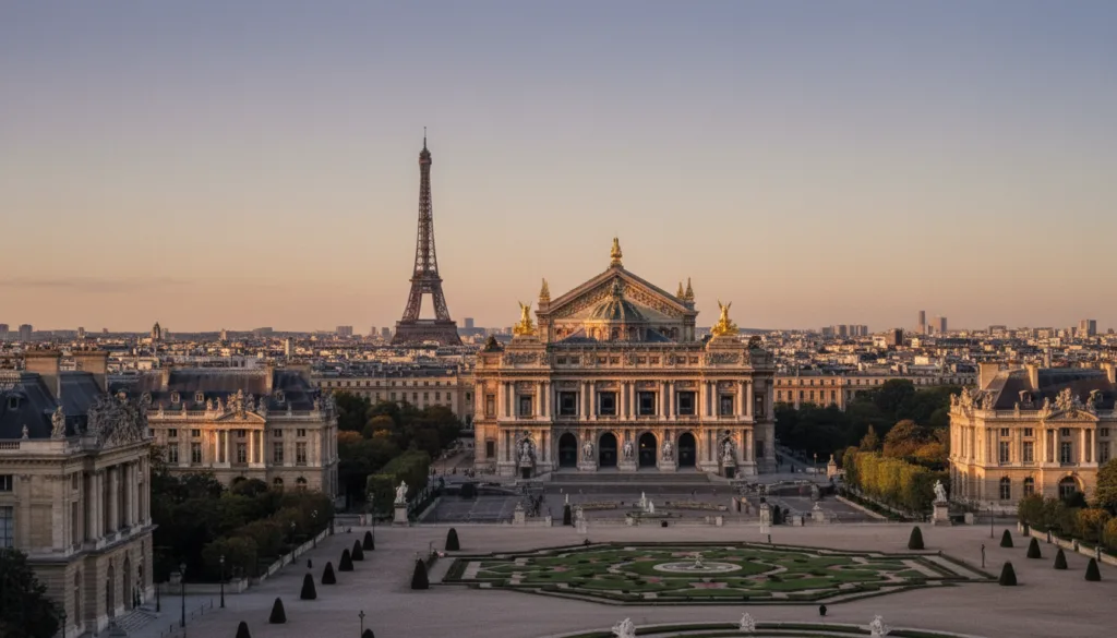 Una vista impresionante de los palacios y residencias reales de París, con la majestuosidad del Palacio de Versalles en primer plano, con su ornamentada arquitectura y sus jardines meticulosamente cuidados. En segundo plano, destaca la majestuosa Ópera Garnier, con su impresionante fachada y sus intrincadas esculturas. La Torre Eiffel se alza elegante al fondo, realzando el encanto del paisaje urbano. La escena se desarrolla durante la hora dorada, con una cálida iluminación cinematográfica que ilumina los edificios, realzando las ricas texturas de la piedra y los detalles dorados. Capture este icónico paisaje parisino con un objetivo gran angular, mostrando el esplendor y la historia de estas estructuras reales en una excepcional resolución de 8k, evocando una sensación de asombro y nostalgia.