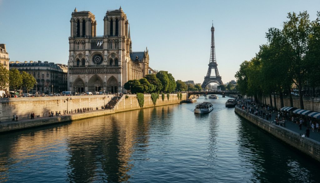A breathtaking view of famous tourist attractions in Paris along the Seine River, featuring the iconic Notre-Dame Cathedral in the foreground, gracefully reflected in the water. The middle ground showcases the vibrant Seine promenade filled with visitors strolling and enjoying cafés, all dressed in stylish, professional attire. In the background, the majestic Eiffel Tower towers above the city, surrounded by lush green trees under a bright blue sky. The scene is illuminated by warm, cinematic lighting, enhancing the intricate details of the architecture and the shimmering water. Capture this picturesque moment with a wide-angle lens in 8k resolution, evoking a sense of romance and wonder in the heart of Paris. A breathtaking view of famous tourist attractions in Paris along the Seine River, featuring the iconic Notre-Dame Cathedral in the foreground, gracefully reflected in the water. The middle ground showcases the vibrant Seine promenade filled with visitors strolling and enjoying cafés, all dressed in stylish, professional attire. In the background, the majestic Eiffel Tower towers above the city, surrounded by lush green trees under a bright blue sky. The scene is illuminated by warm, cinematic lighting, enhancing the intricate details of the architecture and the shimmering water. Capture this picturesque moment with a wide-angle lens in 8k resolution, evoking a sense of romance and wonder in the heart of Paris.