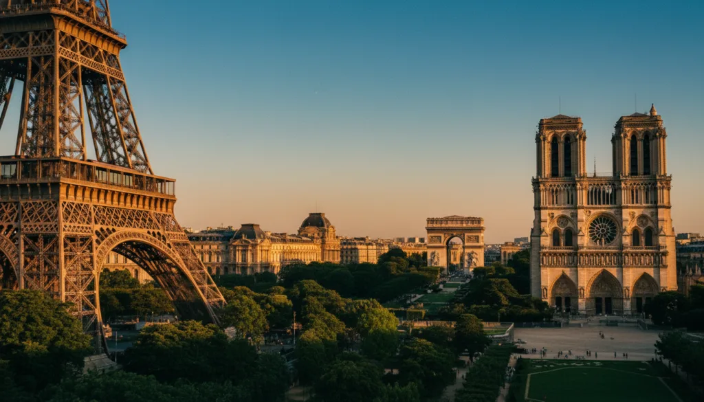 Une vue à couper le souffle sur les monuments historiques et les chefs-d'œuvre architecturaux de Paris, avec la Tour Eiffel et la cathédrale Notre-Dame au premier plan, élégamment baignées par la douce lumière du soleil couchant. Au second plan, les façades ornées du Louvre et de l'Arc de Triomphe se détachent, entourées par la verdure luxuriante des parcs environnants. À l'arrière-plan, les toits charmants des immeubles parisiens classiques se dessinent sur un ciel d'un bleu limpide. Un éclairage cinématographique souligne les détails et les textures, créant une atmosphère onirique. La photo, prise en contre-plongée, magnifie la grandeur de ces édifices emblématiques. Filmée en résolution 8K, la composition inspire un profond respect pour le riche patrimoine architectural parisien. Une vue à couper le souffle sur les monuments historiques et les chefs-d'œuvre architecturaux de Paris, avec la Tour Eiffel et la cathédrale Notre-Dame au premier plan, élégamment baignées par la douce lumière du soleil couchant. Au second plan, les façades ornées du Louvre et de l'Arc de Triomphe se détachent, entourées par la verdure luxuriante des parcs environnants. À l'arrière-plan, les toits charmants des immeubles parisiens classiques se dessinent sur un ciel d'un bleu limpide. Un éclairage cinématographique souligne les détails et les textures, créant une atmosphère onirique. La photo, prise en contre-plongée, magnifie la grandeur de ces édifices emblématiques. Filmée en résolution 8K, la composition inspire un profond respect pour le riche patrimoine architectural parisien.